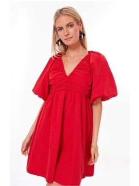 Tuckernuck Red V-Neck Puff Sleeve Mini Dress